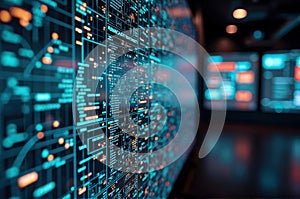 Futuristic data center display with advanced digital interfaces and complex network schematics