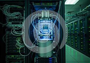 A futuristic data center featuring advanced computing equipment.