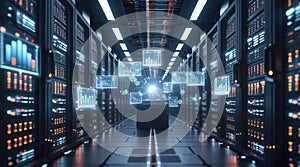 Futuristic Data Center with Floating Screens and Advanced Analytics