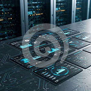 Futuristic data center featuring digital interfaces displaying analytics and graphs on