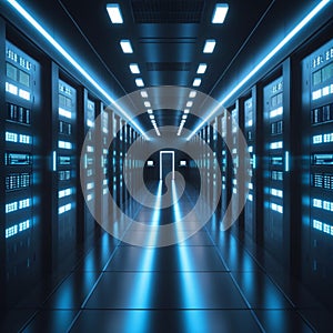 A futuristic data center, featuring a long corridor with rows of server racks on both sides