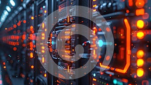 Data Center Server Racks with Glowing Lights and Cables for Computing Technology