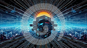 Futuristic Data Center with Global Network Visualization - 3D Render