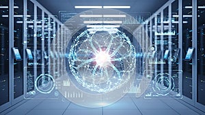 Futuristic Data Center with Global Network Visualization