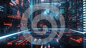 Futuristic data center with glowing artificial intelligence brain interface, surrounded by server racks and high-tech digital