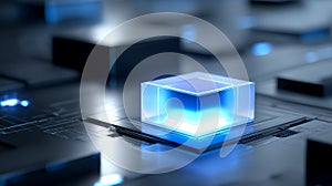 Futuristic data center glowing in blue light with a holographic quantum processor cube.