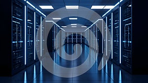 Futuristic Data Center with Glowing Blue Server Racks