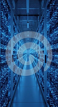 Futuristic Data Center with Glowing Blue Servers