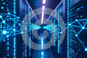 Futuristic data center with glowing connections and servers.
