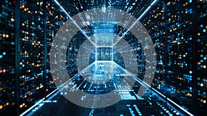 Futuristic data center with glowing digital interfaces and advanced technology.