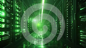 Green Illuminated Server Room Data Center Hosting Cloud Computing Technology.