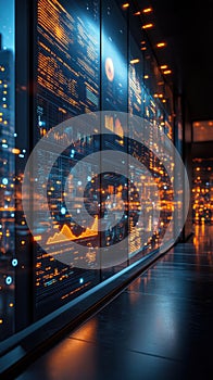 Futuristic data center with glowing interface displaying analytics and business