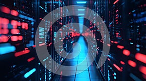 Futuristic data center with glowing lights and endless server racks