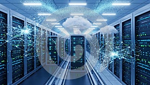 Futuristic Data Center with Glowing Network Connections and Cloud Computing Visualization server room