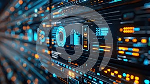Futuristic User Interface Displaying Data Analysis and Information Panels with Glowing Elements.