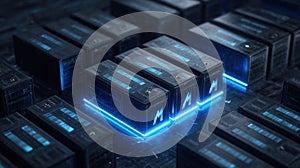 Futuristic Data Center With Glowing Server Racks Arranged in a Grid Pattern Showcasing Modern Technology and Digital