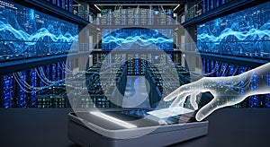 Futuristic data center with glowing server racks and hand interacting with digital interface