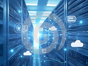 Futuristic Data Center with Glowing Servers and Cloud Computing Symbols Representing Advanced Digital Technology and Connectivity