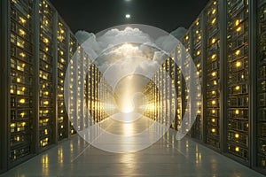 Futuristic Data Center with Glowing Servers and Cloud Computing Vision Generative AI