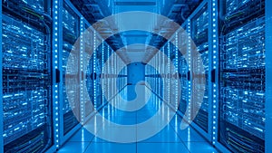 Futuristic Data Center Hallway with Blue Server Racks