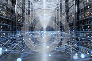 Futuristic data center with interconnected server racks showcasing digital network and data transfer. High-tech information