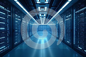 Futuristic Data Center Interior with Advanced Cloud Computing and AI Technology