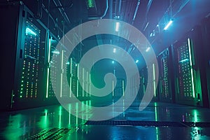 Futuristic data center interior with glowing server racks and neon green-blue lighting