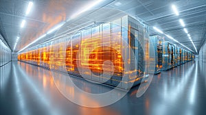 Futuristic Data Center Interior with Illuminated Servers and Rows of Racks