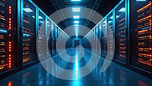 Futuristic data center interior with rows of illuminated server racks. Neon blue lighting enhances sleek, modern architecture of
