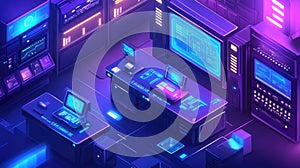 Futuristic data center managing cloud computing cybersecurity