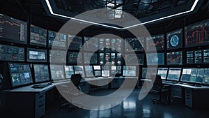 Futuristic Data Center with Multiple Computer Screens