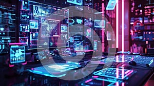 Futuristic data center with neon lights and interactive display panels interface