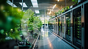 Futuristic Data Center: Organized Servers, Vibrant Plants, and Cool-Toned Illumination photo