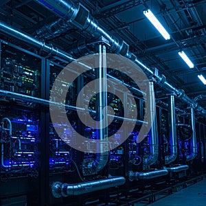A futuristic data center with rows of server racks, illuminated by blue lights. Large
