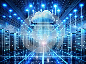 Digital cloud computing data center with servers and glowing network connections