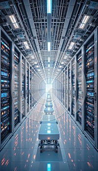 Futuristic Data Center with Server Racks and Autonomous Robots