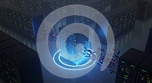 Futuristic Data Center Server Racks glowing blue, technology concept