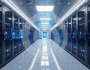 Futuristic Data Center Server Room AI Cloud Computing Infrastructure Cybersecurity Technology Digital Network