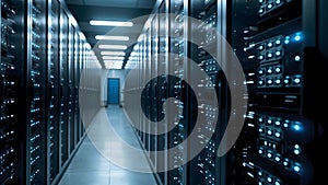 Futuristic Data Center Server Room with Blinking Lights