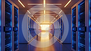 Futuristic Data Center Server Room with Blue LED Lights - Technology Cloud Computing