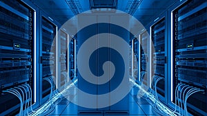 Futuristic Data Center Server Room with Blue Neon Lights