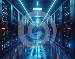 Futuristic Data Center Server Room with Cloud Computing Technology