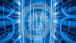 Futuristic Data Center Server Room Corridor with Blue Neon Lights