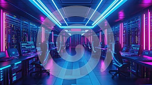 Futuristic data center server room with cyber neon lighting