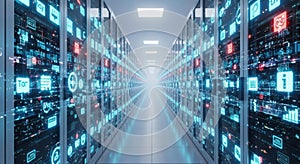 Futuristic data center server room with glowing digital screens and network connectivity concept