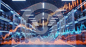 Futuristic data center showcasing financial growth and business intelligence analytics