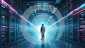 Futuristic data center with technology officer. Digitalization lines streaming through servers. SAAS, cloud computing, web