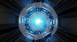 Futuristic Data Center Tunnel with Bright Blue Light in Technology Environment