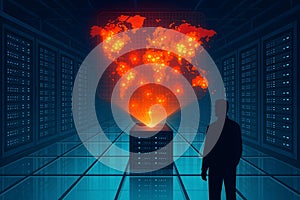 Futuristic data center visualization depicting global network analysis and digital infrastructure with a focus on data security