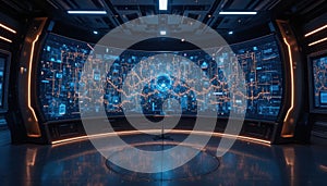 Futuristic Data Control Room with Digital Information Display